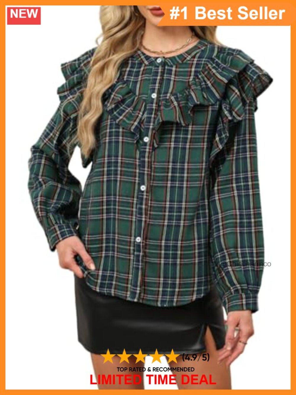 Women Plaid Ruffle Blouse Long Sleeve Button Down Shirt Holiday Tartan Top